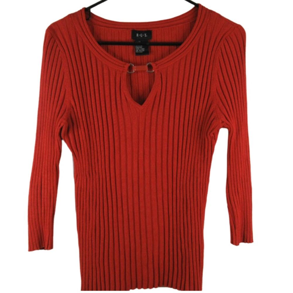 RQT Ribbed Orange Top 3/4 Sleeves Key Hole neck sweater